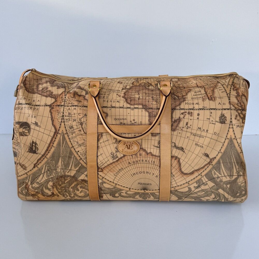 Allan Edward Leather Trim World Map Large Duffle Weekend Travel Bag Lock & Keys